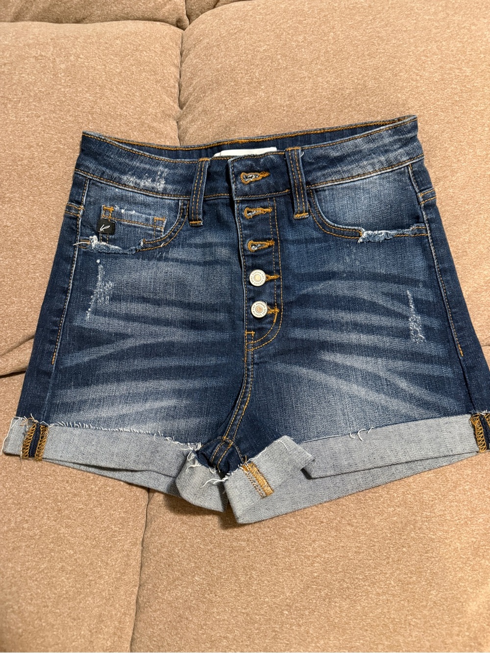 KanCan Dark Blue Distressed High-Rise Button-Fly Denim Shorts